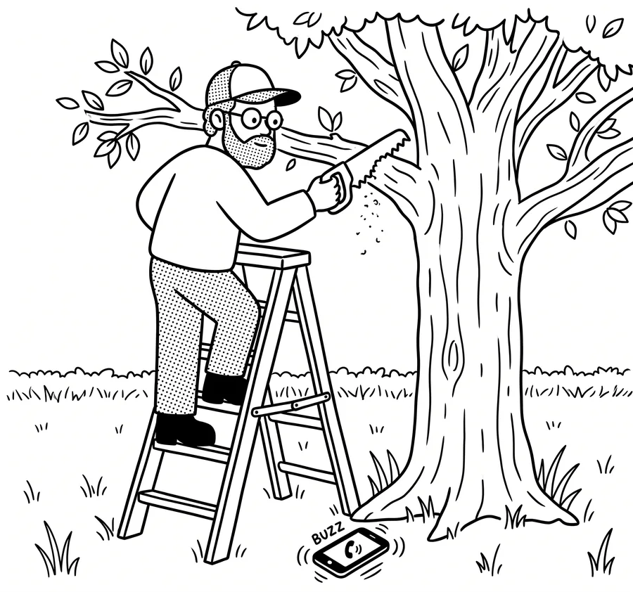 Ink drawing of a bearded man on a stepladder sawing a branch while his phone rings in the grass below