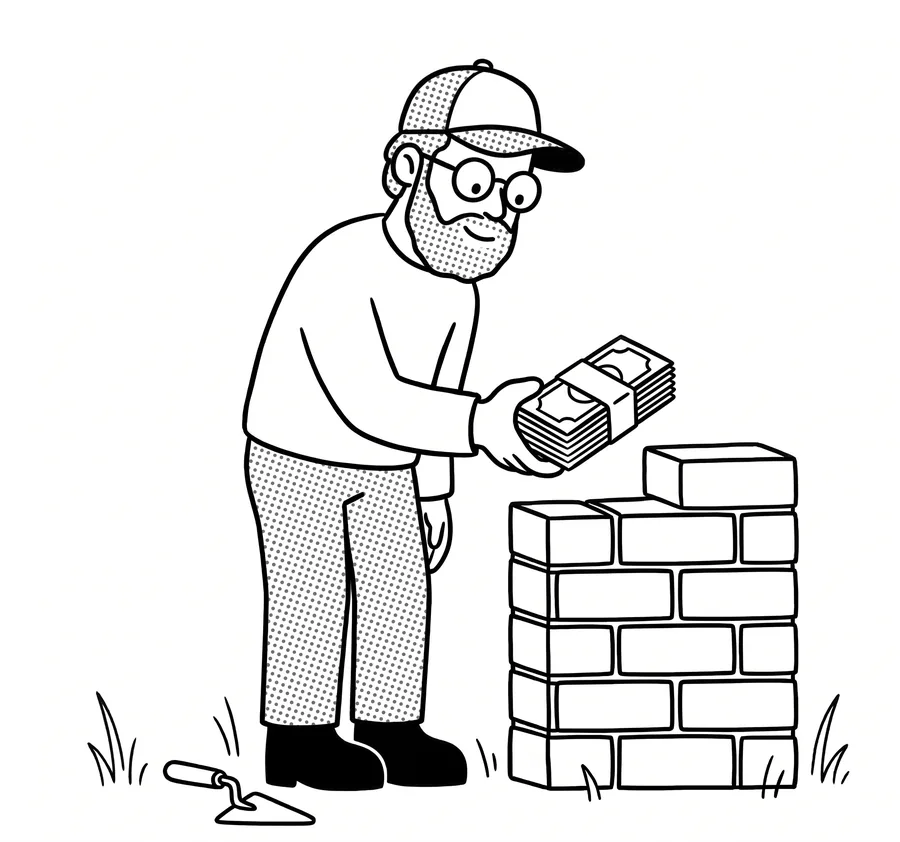 Ink drawing of a bearded man in a cap holding a stack of banknotes beside a low brick wall