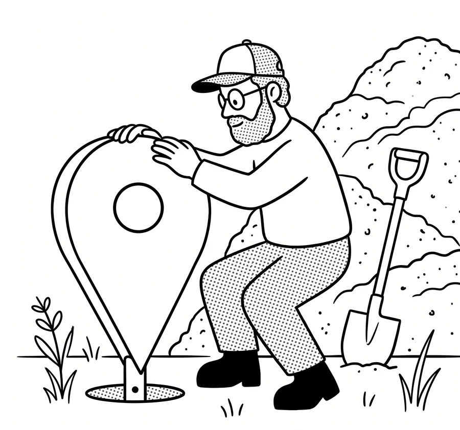 Tegning af en mand med kasket og skæg, der planter en stor kortmarkør i jorden med en spade ved siden af