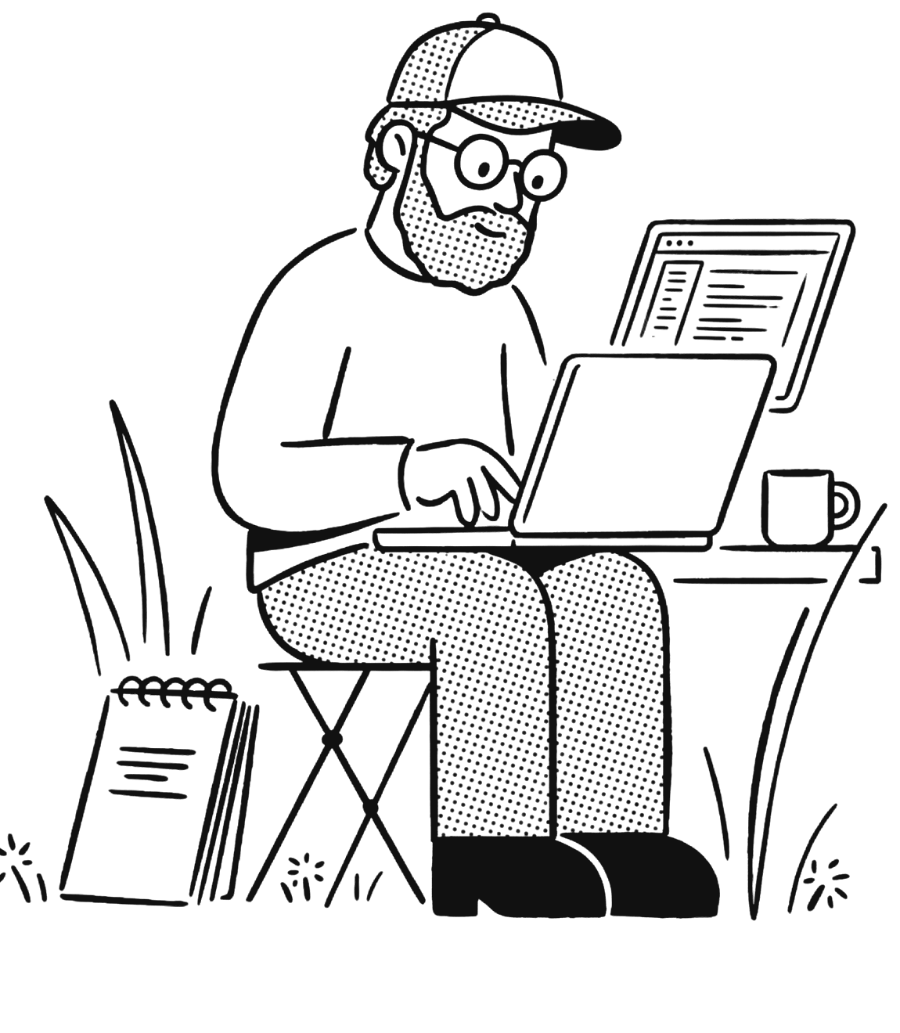 Tegning af en mand med kasket og skæg, der arbejder på en bærbar computer ved et klapbord udenfor